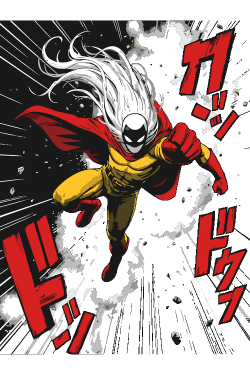 Superhéroe calvo con máscara negra y ojos blancos brillantes lanzando un puñetazo, con capa roja y traje amarillo sobre fondo negro con katakana rojo