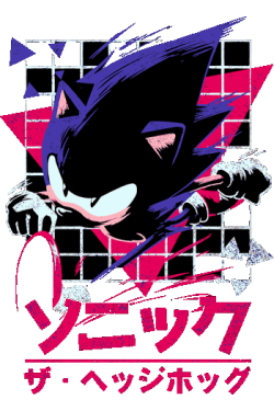 Gráfico vectorial de Sonic el Erizo estilo retro de los 90 con fondo de cuadrícula rosa neón y letras japonesas.