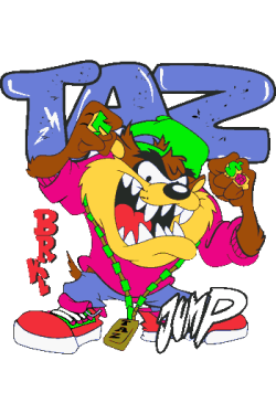 Taz con gorra, cadenas doradas, y actitud de "YOOO!!