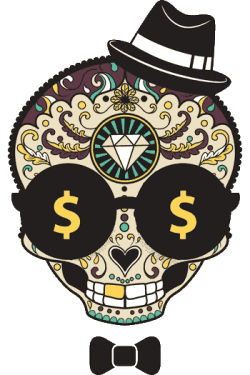 Diseño vectorial de calavera con sombrero y pajarita, gafas de sol con símbolos de dólar, diamante en frente, estilo gangster y lujoso