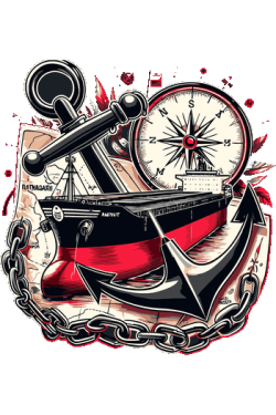 Vector náutico de barco de carga con ancla, brújula y cadenas estilo tatuaje para remeras.