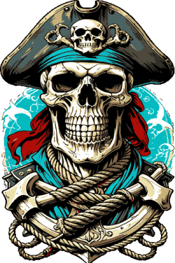 Ilustración vectorial de un cráneo pirata con sombrero de capitán y detalles dorados