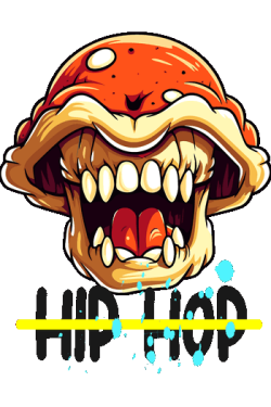 Vector de boca gigante de estilo cartoon, dientes amarillos, saliva azul, texto 'HIP HOP' en negro y amarillo