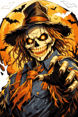 Diseño vectorial de espantapájaros con ojos de fuego y murciélagos, fondo de luna llena, estilo terror de Halloween