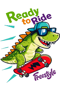 Diseño vectorial de dinosaurio verde con gorra y gafas de sol, montando skateboard rojo, texto 'Ready to Ride Freestyle',