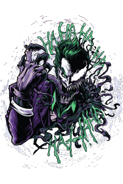 Ilustración híbrida de Joker mezclado con Venom y texto Ha Ha Ha para remeras oscuras.