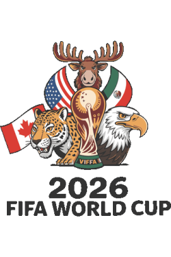 Gráfico vectorial del trofeo del mundial custodiado por un alce, un jaguar y un águila con sus respectivas banderas nacionales.