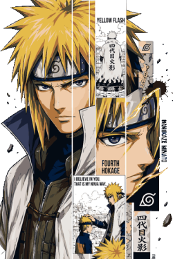 Composición vectorial estilo manga de Minato Namikaze el Cuarto Hokage con viñetas y textos en inglés y japonés.
