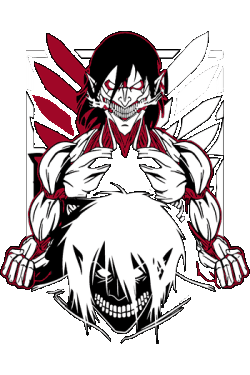 Arte vectorial de Attack on Titan con Eren Yeager en forma de titán y emblema de las alas de la libertad.