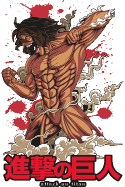 Vector de Eren Jaeger en forma de Titán de Ataque lanzando un golpe con manchas de sangre de fondo.