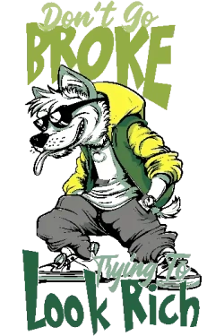 Diseño vectorial de lobo con chaqueta amarilla y gafas, texto 'Don't Go Broke Trying to Look Rich