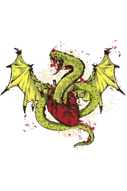 Diseño vectorial de dragón verde rodeando un corazón humano rojo con alas y sangre