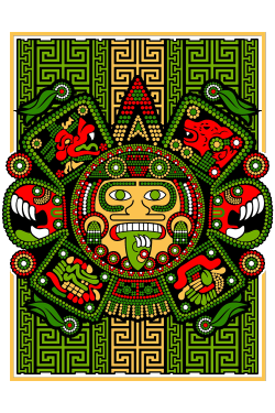 Ilustración vectorial del Calendario Azteca Piedra del Sol estilo puntillismo huichol con grecas prehispánicas.