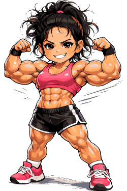 Arte vectorial de una chica estilo chibi musculosa mostrando bíceps y abdomen tonificado.