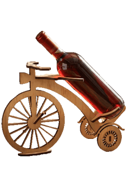 Diseño 3D en madera mdf cortado a láser de un portabotellas de vino con forma de bicicleta.
