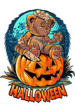 Diseño vectorial de oso de peluche psicópata con cuchillo sobre calabaza de Halloween.