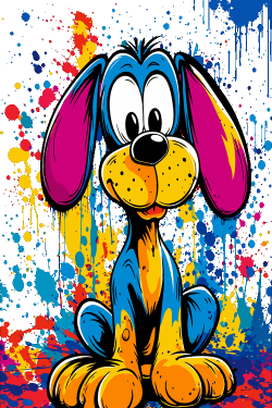 Ilustración vectorial de cachorro animado sobre fondo de salpicaduras de pintura.