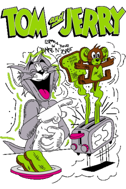 Diseño vectorial cómico de Tom riéndose con Jerry saliendo de la tostadora.