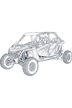 Vector lineal detallado de un vehículo UTV todoterreno Polaris RZR de cuatro plazas sobre fondo blanco.