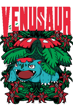 Diseño vectorial de Venusaur de anime con marco ornamental de flores rojas para estampado de camisetas