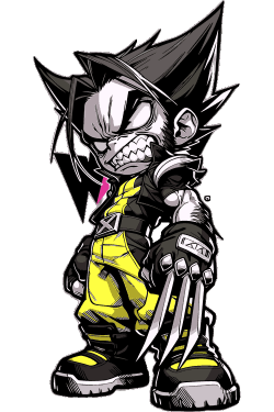 Ilustración vectorial de Wolverine en estilo chibi agresivo con traje amarillo y garras fuera.
