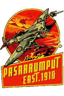 Logo estilo retro de un avión de combate con boca de tiburón y texto Pasarrumput East 1910.