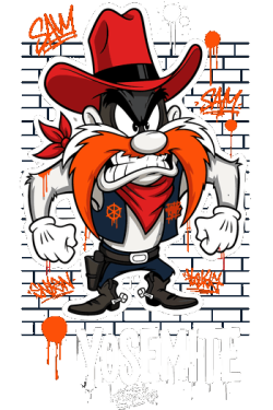 Gráfico urbano de Sam Bigotes en pared de ladrillos con grafiti Yosemite para camisetas streetwear.