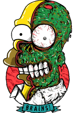 Gráfico de Homero Simpson zombie con cerebro derretido y chispitas para impresión textil alternativa.