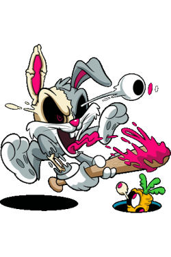 Arte vectorial de un conejo gris estilo zombie con un bate de béisbol y un ojo saliéndose de la órbita.