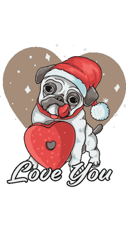 Vector de pug con gorro de Santa y lengua fuera, sosteniendo un corazón rojo con texto 'Love You' en fondo navideño