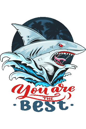 Tiburón Ocean Attack Jabali Rocker Glasses Ilustración vectorial de un tiburón blanco saliendo del mar con palmeras de fondo y texto You are the best.