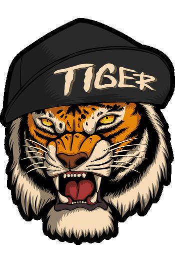New merch vibes Vector de cabeza de tigre rugiendo con gorra negra urbana en estilo de ilustración para logotipos y gorras