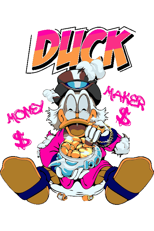 Ilustración vectorial de Tío Rico McPato con vasija de monedas y texto Duck Money Maker.
