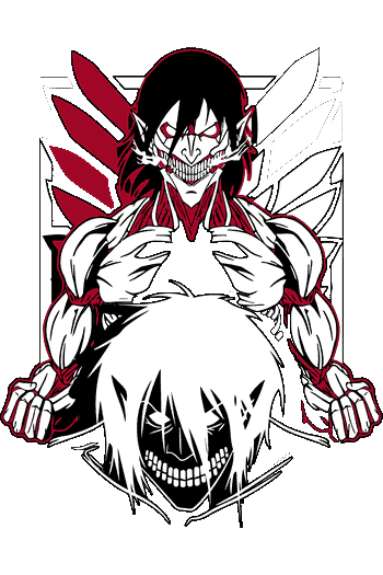 Arte vectorial de Attack on Titan con Eren Yeager en forma de titán y emblema de las alas de la libertad.