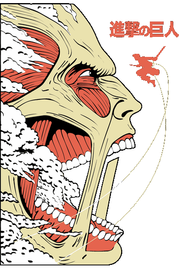 Ilustración vectorial del Titán Colosal expulsando vapor frente a un soldado del Cuerpo de Exploración.