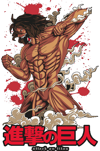 Vector de Eren Jaeger en forma de Titán de Ataque lanzando un golpe con manchas de sangre de fondo.