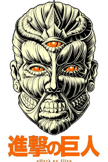 Diseño vectorial del Titán Fundador con estética mística, tercer ojo y kanjis japoneses de Attack on Titan.