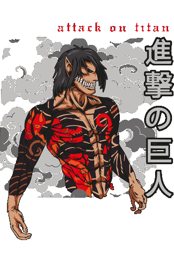Ilustración de Titán de Attack on Titan con tatuajes japoneses estilo Yakuza y nubes grises.