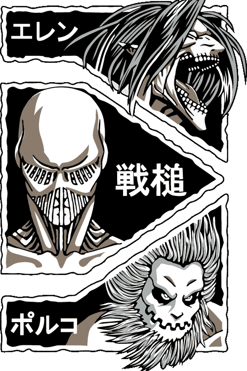 Ichigo Máscara Levi Ackerman Trío de Titanes Ilustración vectorial estilo panel de manga con Eren, Titán Martillo de Guerra y Titán Mandíbula.