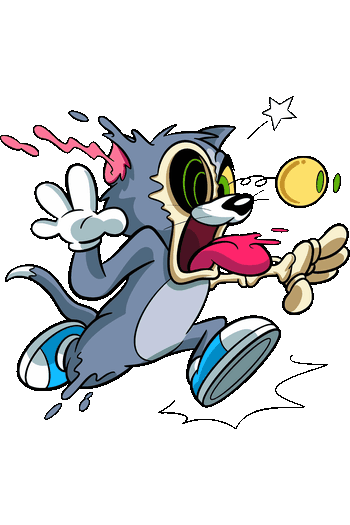 Taz, Tío Rico & Tom Psicodélicos Ilustración vectorial del gato Tom en estilo trippy corriendo con ojos hipnóticos y lengua afuera.