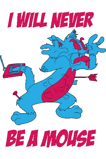 Tactical Raccoon Ilustración estilo streetwear parodia del gato Tom en color azul y fucsia con frase I will never be a mouse.