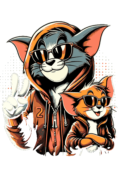 Streetwear Garfield 90s Gorila DJ Gamer Ilustración vectorial urbana de Tom y Jerry con abrigos hoodie y lentes oscuros.