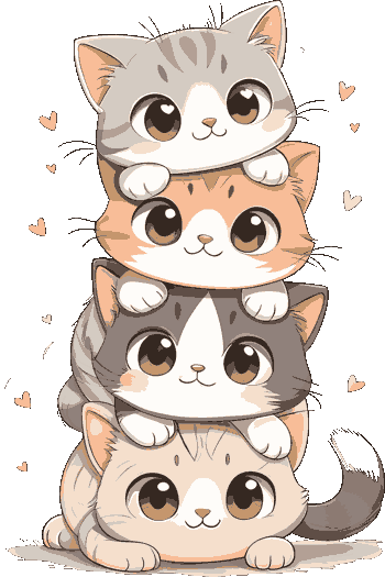 Torre de gatitos apilados: Gris arriba, naranja en medio, blanco y negro abajo