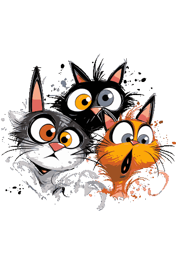 Tres gatos con caras épicas: Negro misterioso, gris travieso y naranja gritón