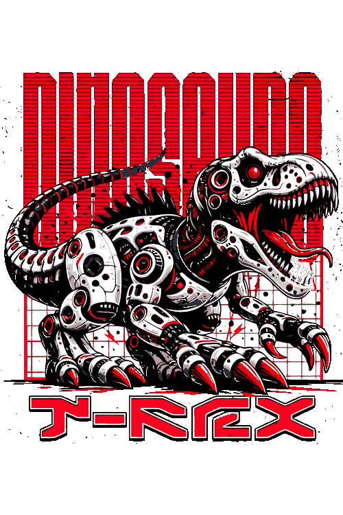 Ilustración vectorial de T-Rex robotizado mecha en colores blanco y rojo con estilo cyberpunk.