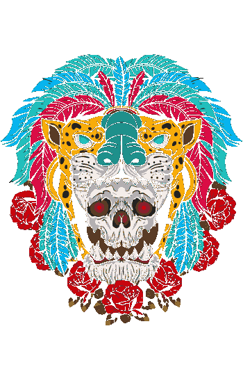 Urban Banjo Diseño vectorial de cráneo-jaguar con plumas azules y rojas, rosas y patrones aztecas, ojos verdes