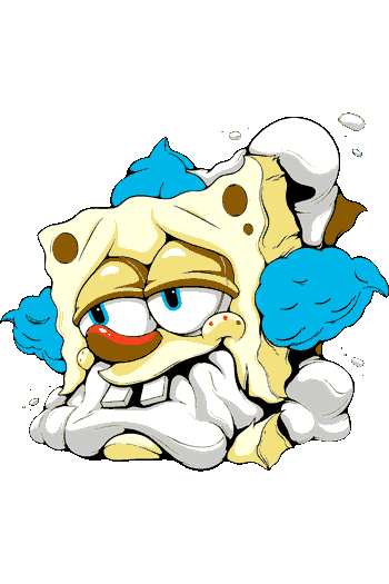 Vector de Bob Esponja con expresión psicodélica, cuerpo derritiéndose, humo azul y espuma
