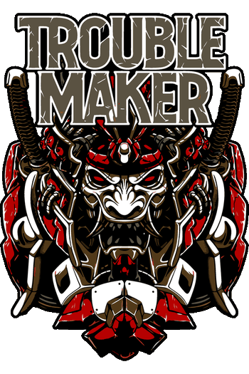 Arte vectorial simétrico de una máscara Oni demoníaca con katanas y texto "TROUBLE MAKER".