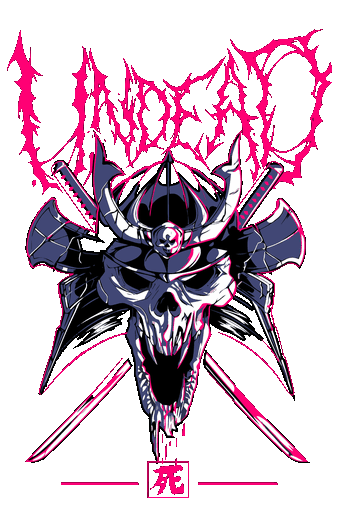 Gráfico vectorial de una calavera samurai con katanas cruzadas y letras de estilo metal en rosa neón sobre fondo negro.