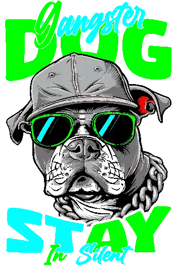 Urban follow Diseño vectorial de perro Bulldog con gorra y gafas verdes, texto 'Gangster Dog Stay in Silent